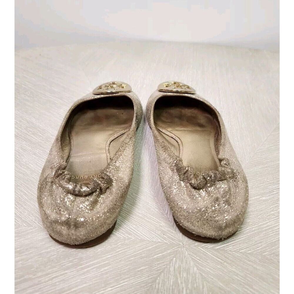 TORY BURCH 'Minnie' Travel Ballet Flat Royal Mettalic Gold Glitter Logo Sz 6M - Picture 4 of 9